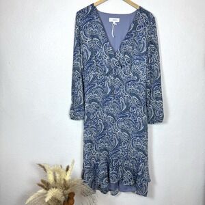 Lucky Brand Womens XL Blue Paisley Midi Dress Boho Long Sleeve Cottagecore Fairy
